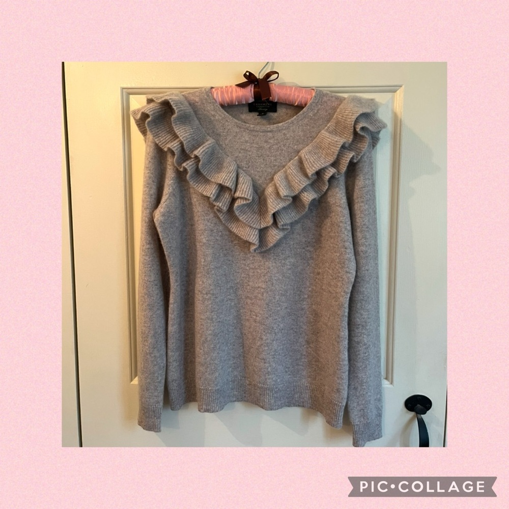 Gray Ruffled Crew Neck Sweater